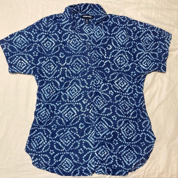 Lands' End 100% Linen Blue & White Batik Style Shirt w/Kimono Sleeves - Picture 1 of 14